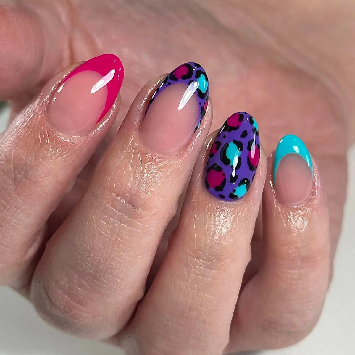 Hot Pink and Turquoise French Tip Nails with Purple Leopard Print