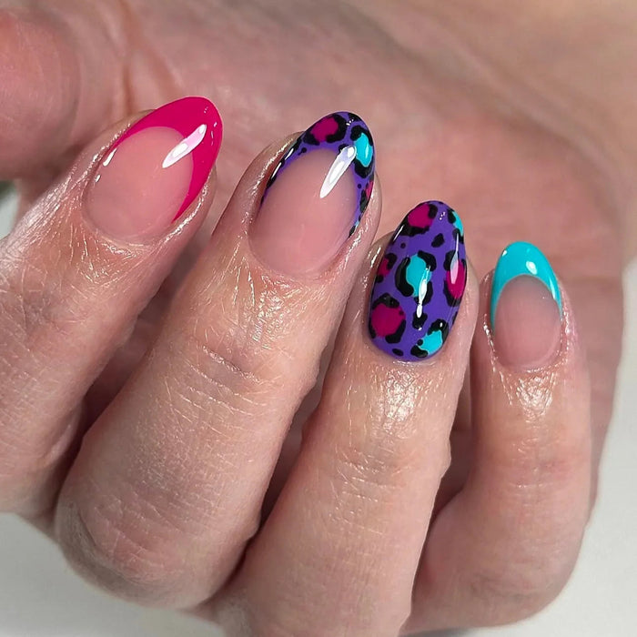Hot Pink and Turquoise French Tip Press On Nails with Purple Leopard Print
