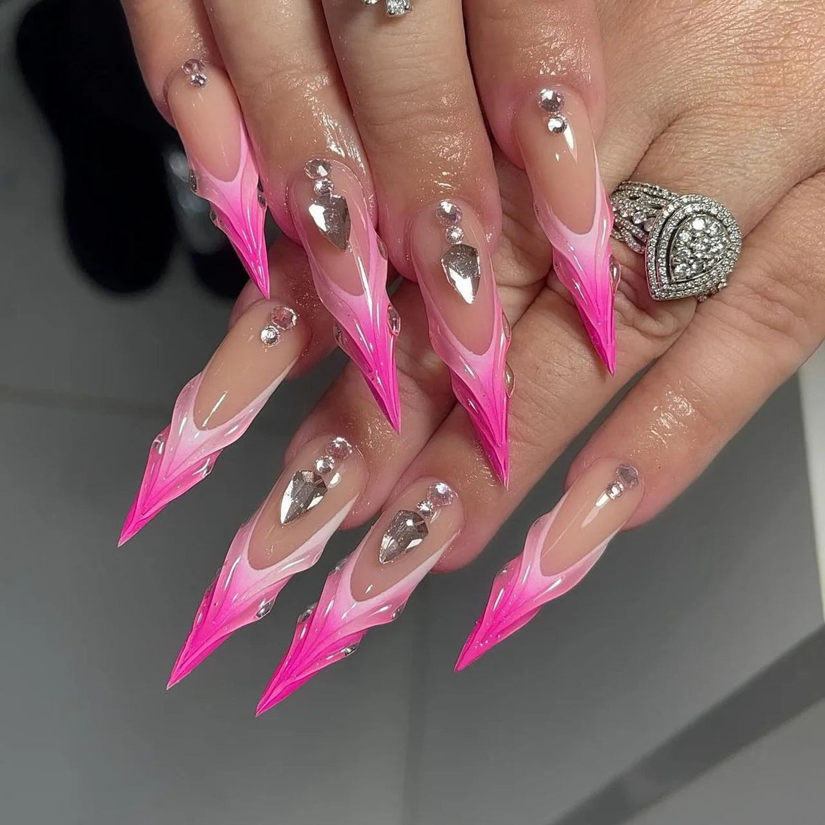 Hot Pink Flame French Tip Nails With Silver-Tone Rhinestone Accents