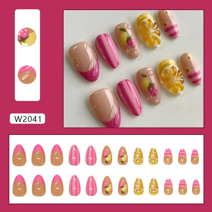 Hot Pink French Tip Press On Nails with Yellow Flowers