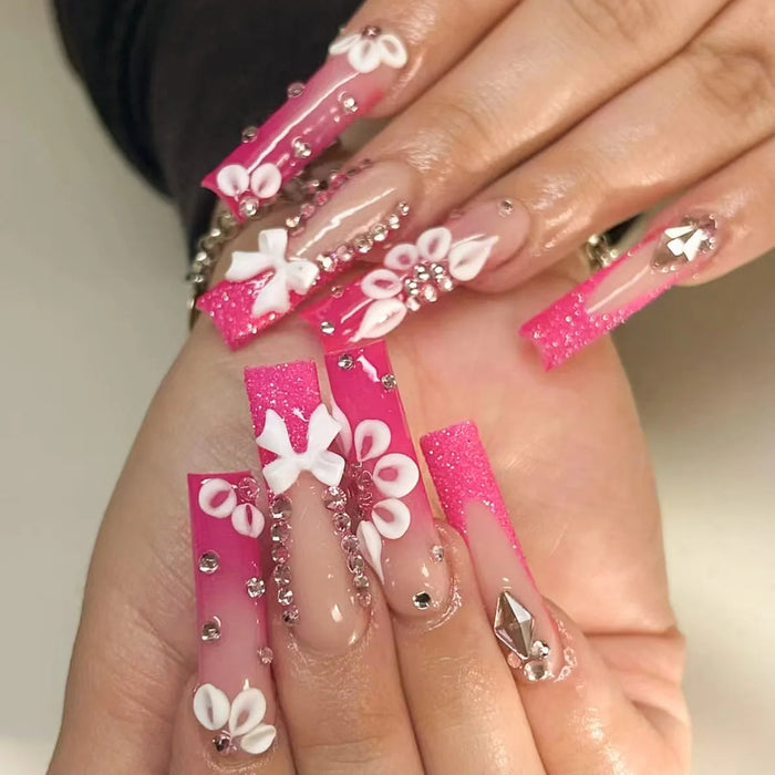 Hot Pink French Tip Press On Nails with 3D White Flowers and Rhinestones