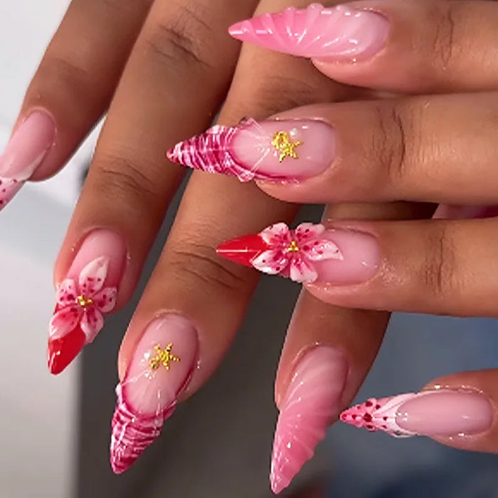 Hot Pink Hibiscus French Tip Press On Nail Set With Gold Accents