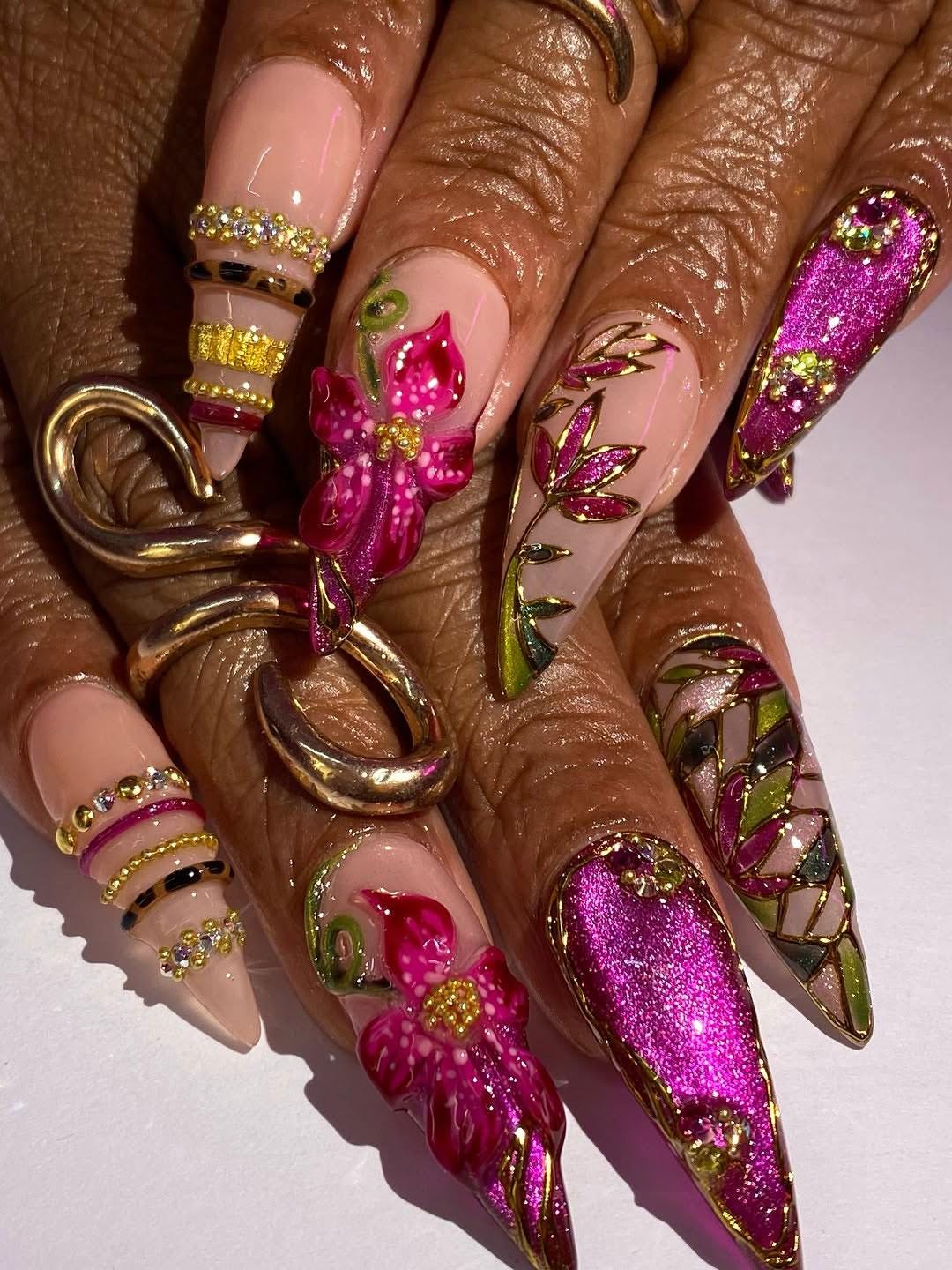 Hot Pink Orchid Press-On Nails With Gold Floral Details and Glitter