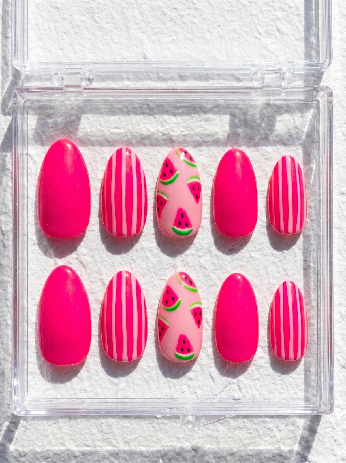 Hot Pink Watermelon Slice and Striped Press On Nails