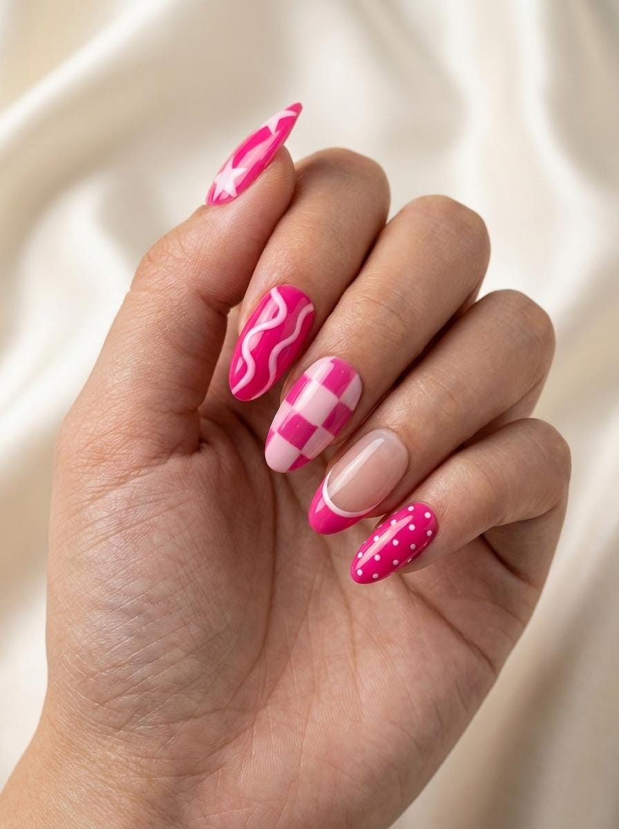 Hot Pink Y2K Press-On Nails with Stars, Checkerboard, and French Tips