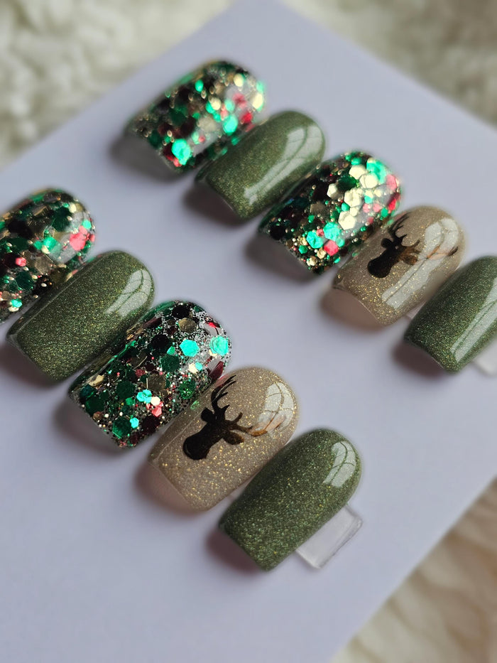 Hunting Season Press On Nails with Green Shimmer, Chunky Glitter and Deer Silhouettes