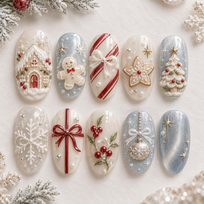 Icy Blue and Ivory Gingerbread Christmas Press On Nail Set with Candy Canes and Bows