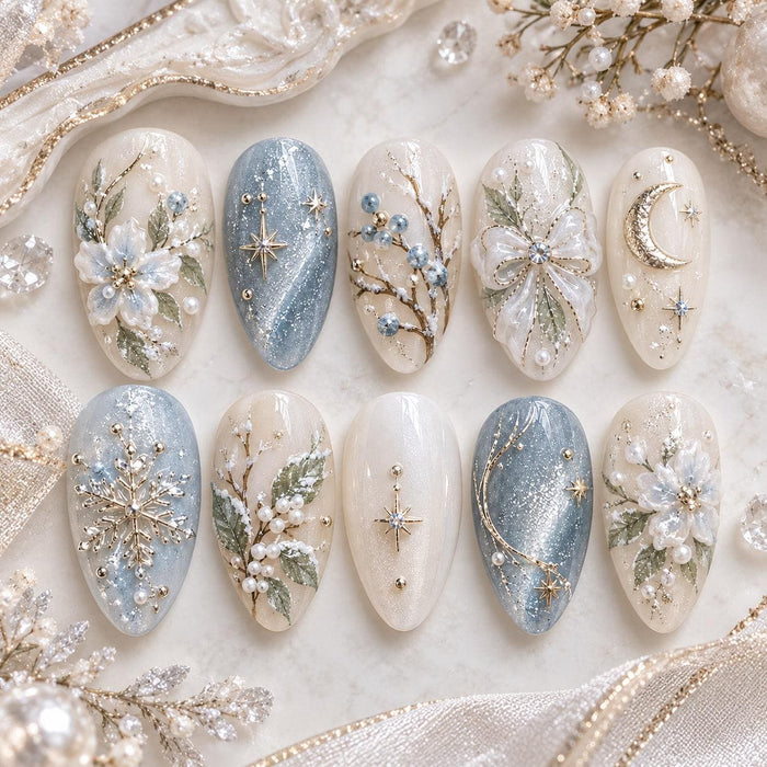 Icy Blue and Ivory Winter Nails with Snowflakes, Pearls and Floral Details