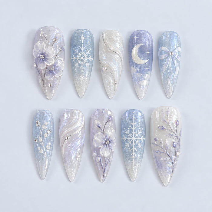 Icy Blue and Lavender Floral Snowflake Press On Nails with Crescent Moons and Bows
