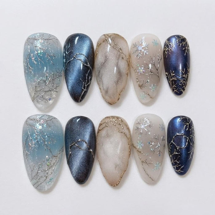 Icy Blue and Navy Winter Press On Nails with Silver Branches and Snowflakes