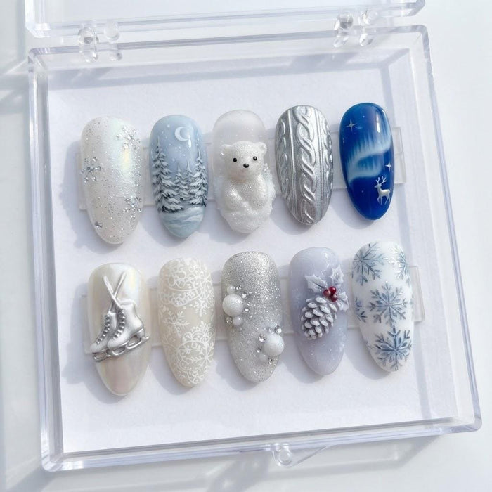 Icy Blue and Silver Snowflake Press On Nails With Polar Bear and Ice Skate Charms