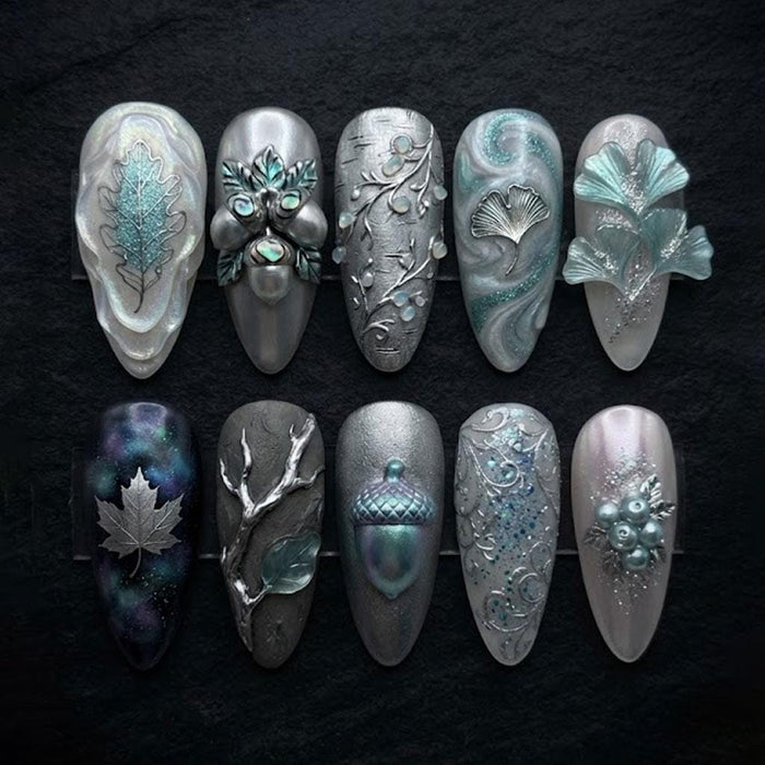 Icy Blue and Silver Winter Botanical Press On Nails With Pearl Accents