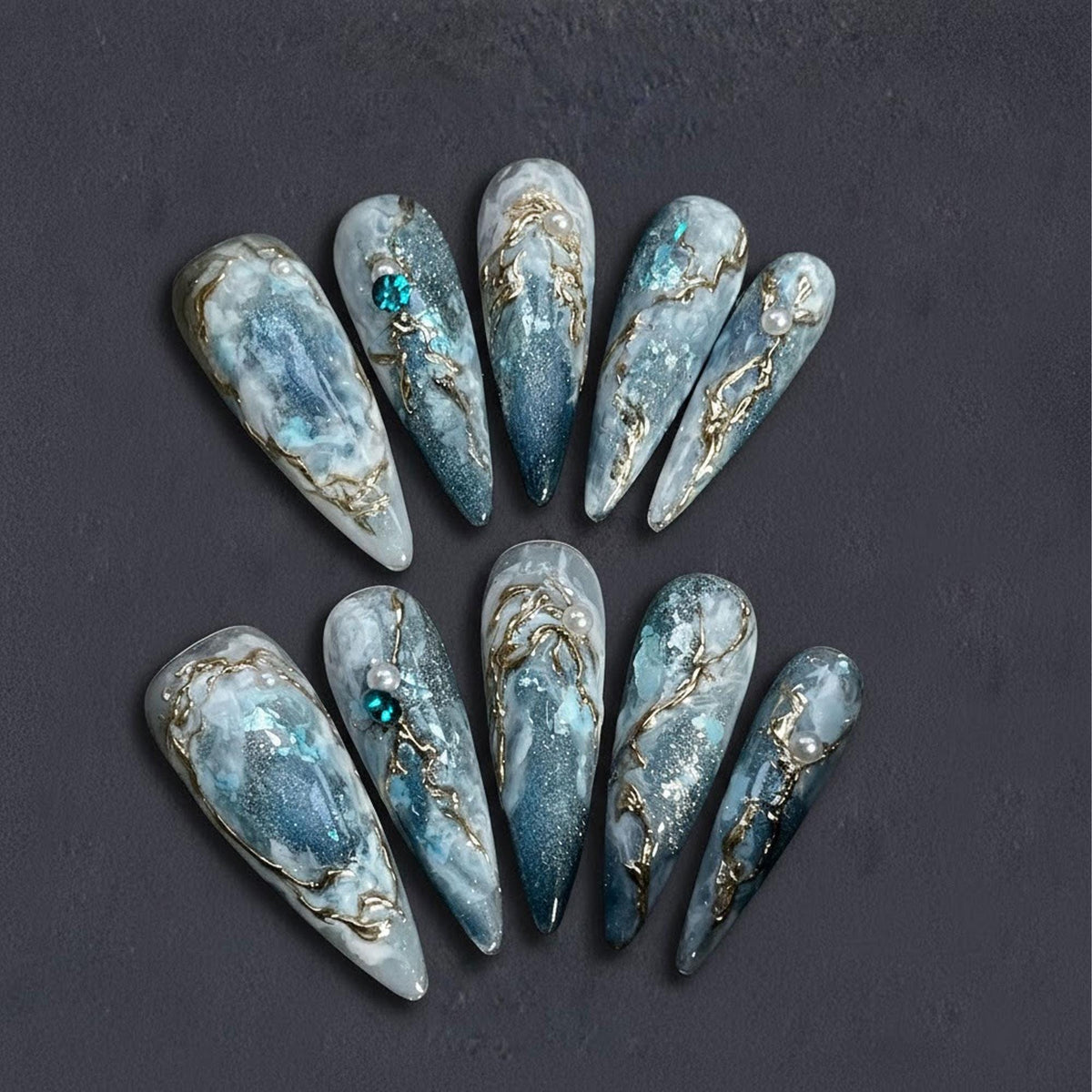 Icy Blue and Teal Marble Press-On Nail Set with Gold Veins, Glitter, Pearls and Stones