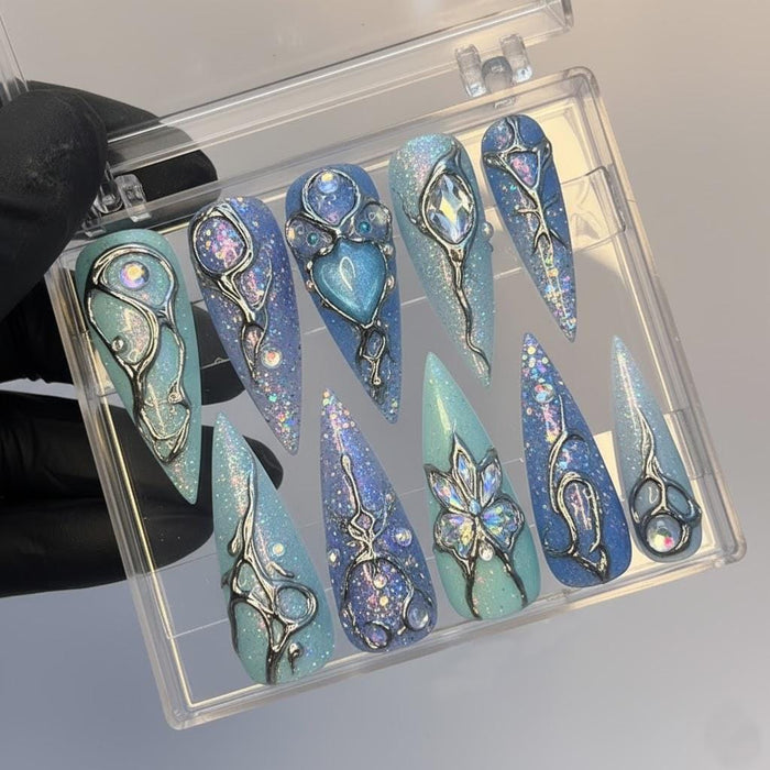 Icy Blue and Teal Winter Y2K Chrome Press On Nails with Silver Scrollwork, Gems, Hearts and Flowers