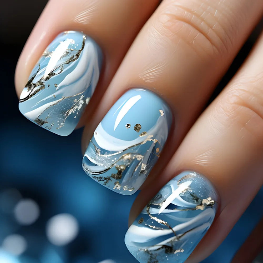 Icy Blue and White Marble Press-On Nails with Silver Glitter and Gold Accents