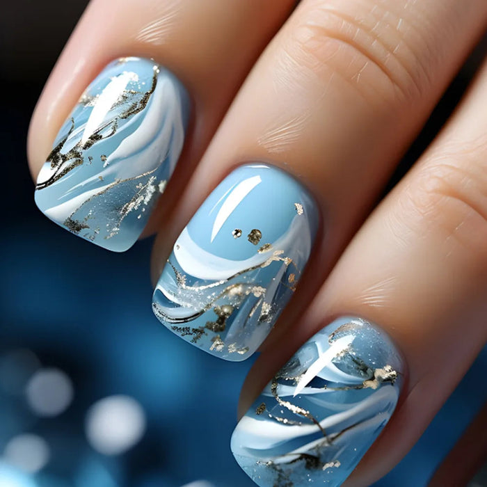 Icy Blue and White Marble Press-On Nails with Silver Glitter and Gold Accents