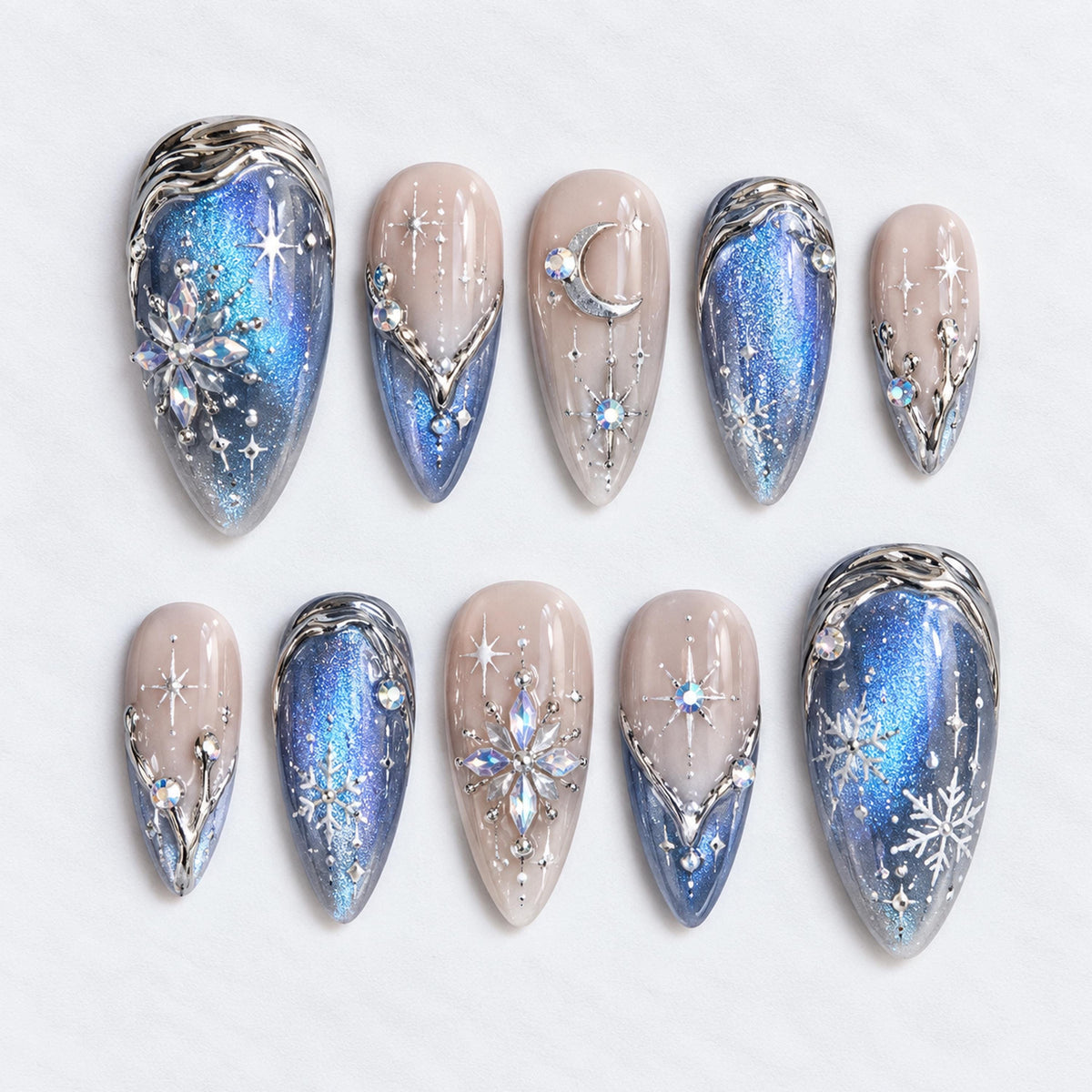 Icy Blue Cat Eye Nails With Silver Celestial Snowflakes