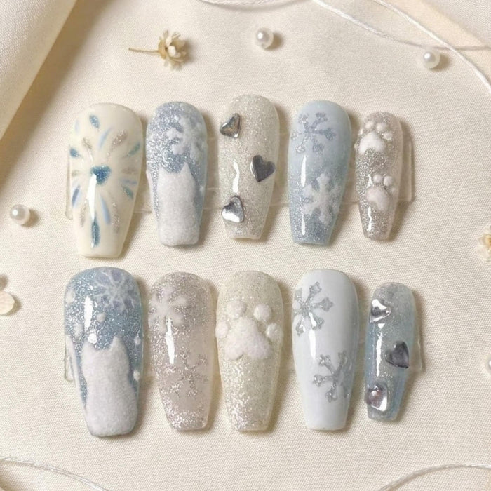 Icy Blue Cat Winter Press On Nails With Silver Snowflakes, Fuzzy Cat and Paw Accents