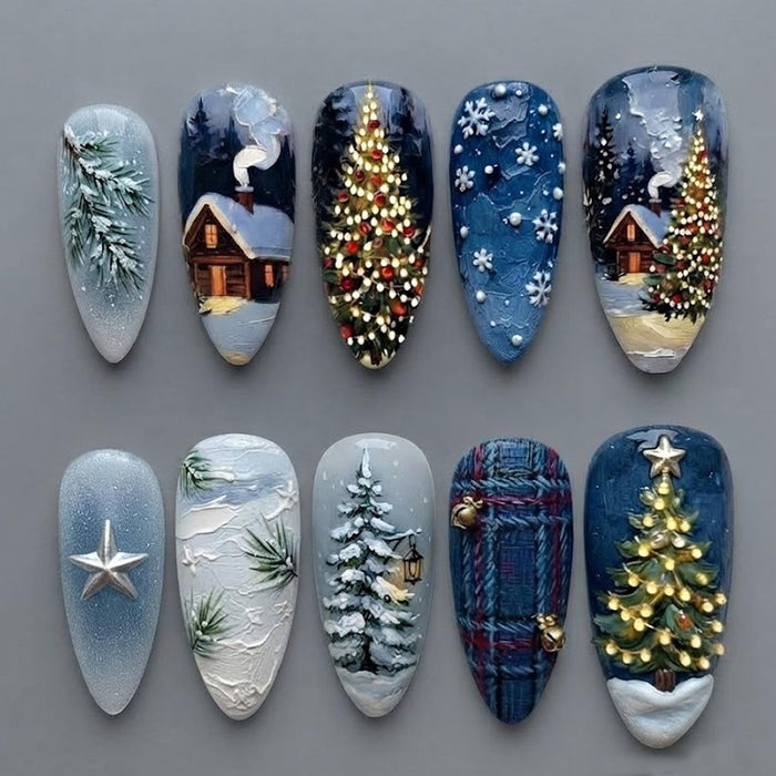 Icy Blue Christmas Cabin and Snowy Pine Tree Press On Nails