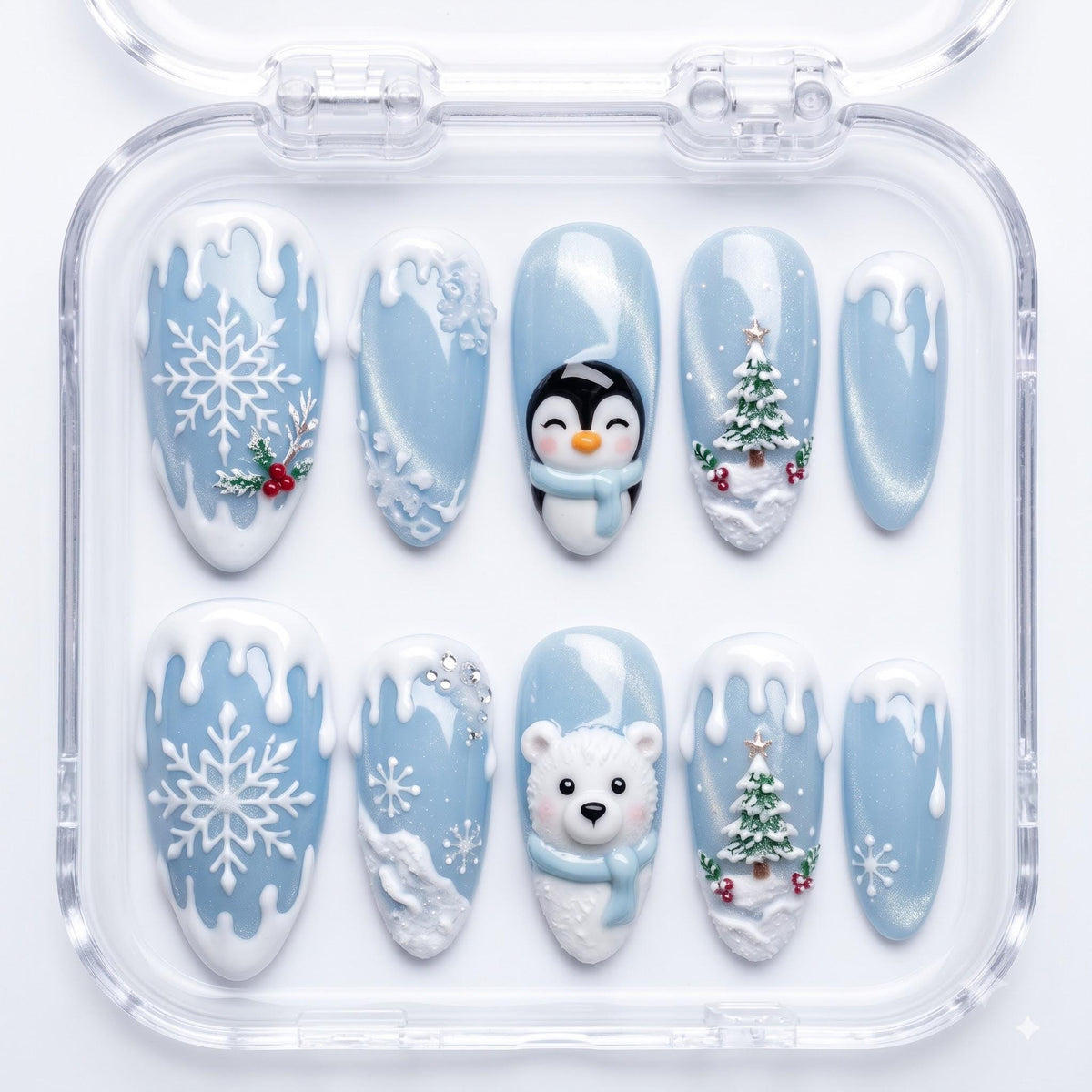 Icy Blue Christmas Nails With 3D Penguin, Polar Bear, Snowflakes, and Evergreen Trees