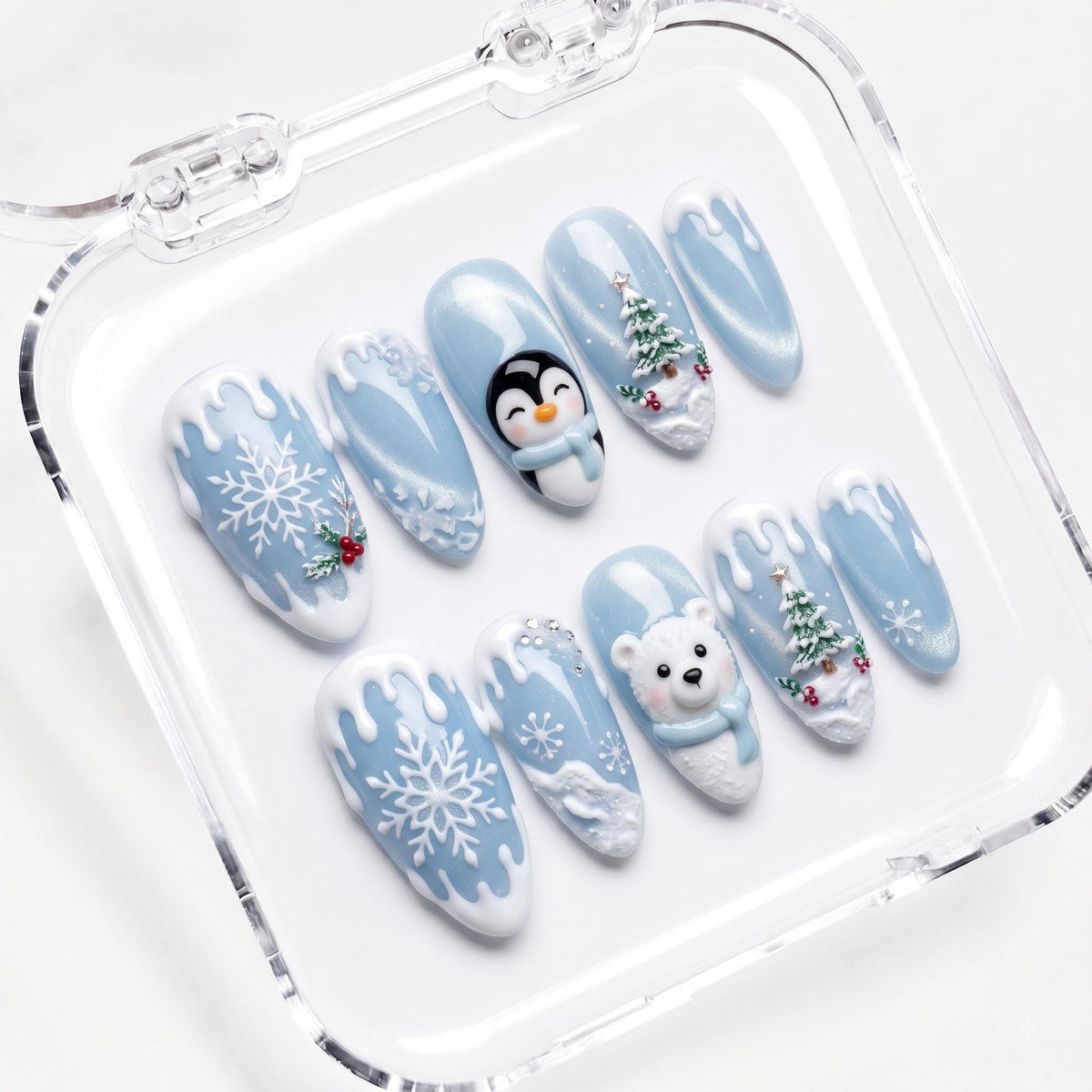 Icy Blue Christmas Nails With 3D Penguin, Polar Bear, Snowflakes, and Evergreen Trees