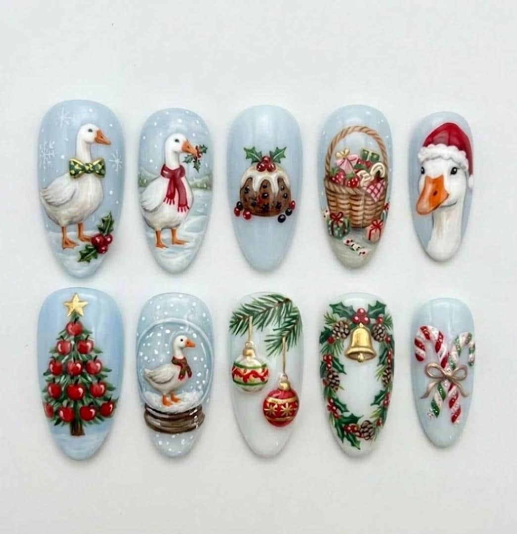Icy Blue Christmas Nails With Painted Geese, Ornaments, a Tree, and Candy Canes