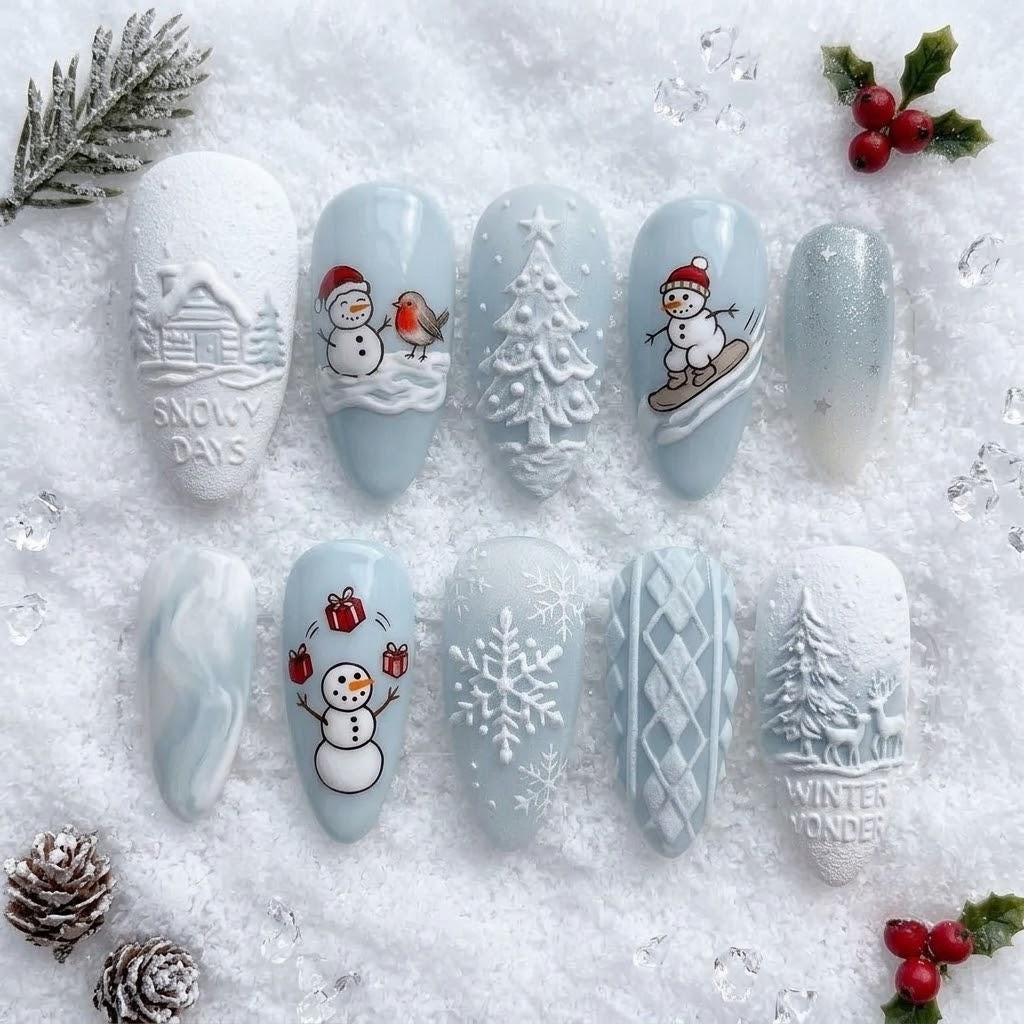 Icy Blue Christmas Press-On Nails With 3D Snowmen, Cabins, Trees, and Snowflakes