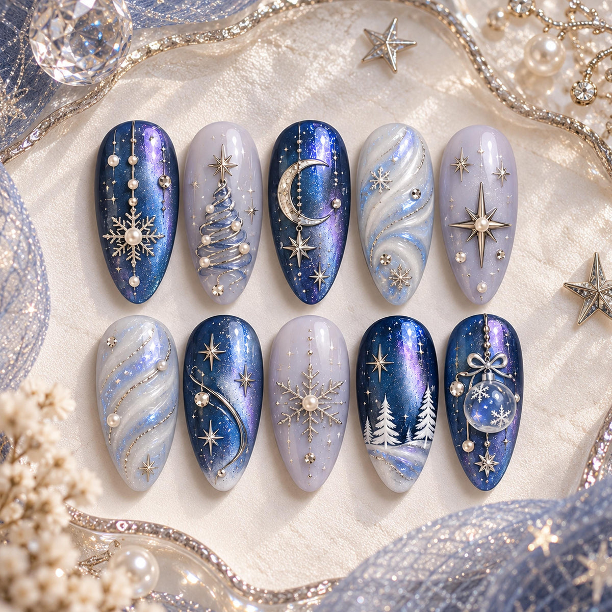Icy Blue Christmas Snowflake, Moon & Snow Globe Nail Set