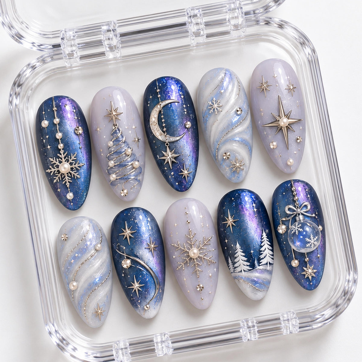 Icy Blue Christmas Snowflake, Moon & Snow Globe Nail Set