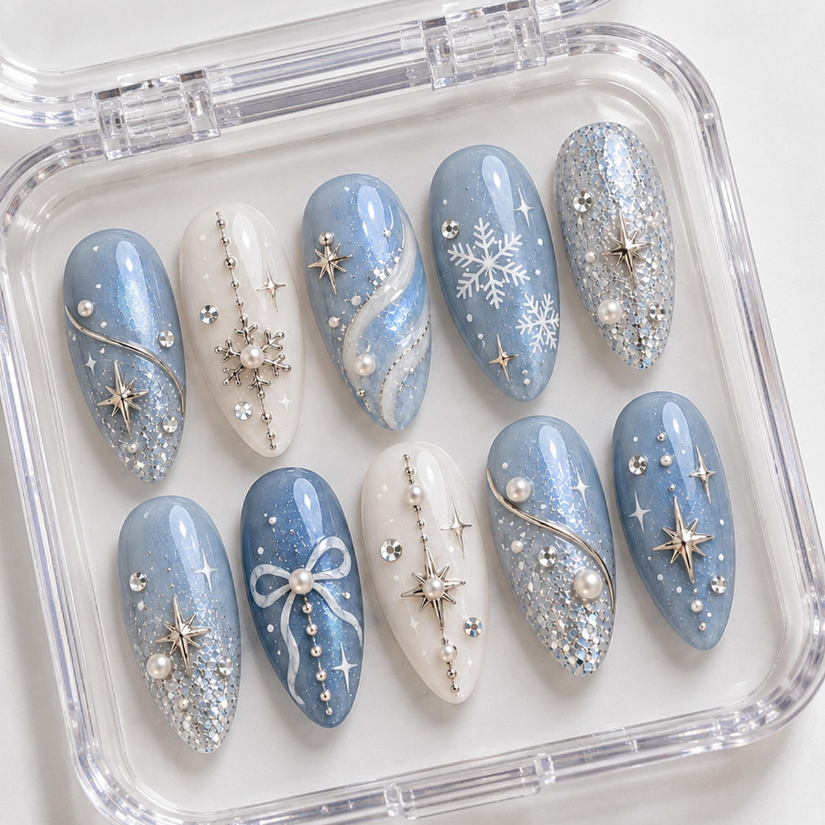 Icy Blue Christmas Snowflake Press On Nails With Silver Glitter, Pearls and Crystal Accents