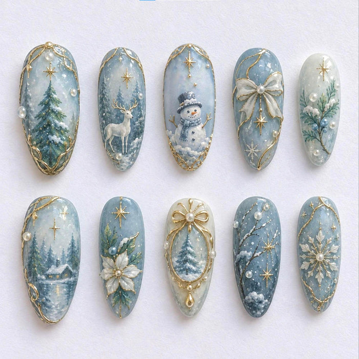 Icy Blue Christmas Winter Wonderland Press On Nails With Snowy Forest and Gold Details
