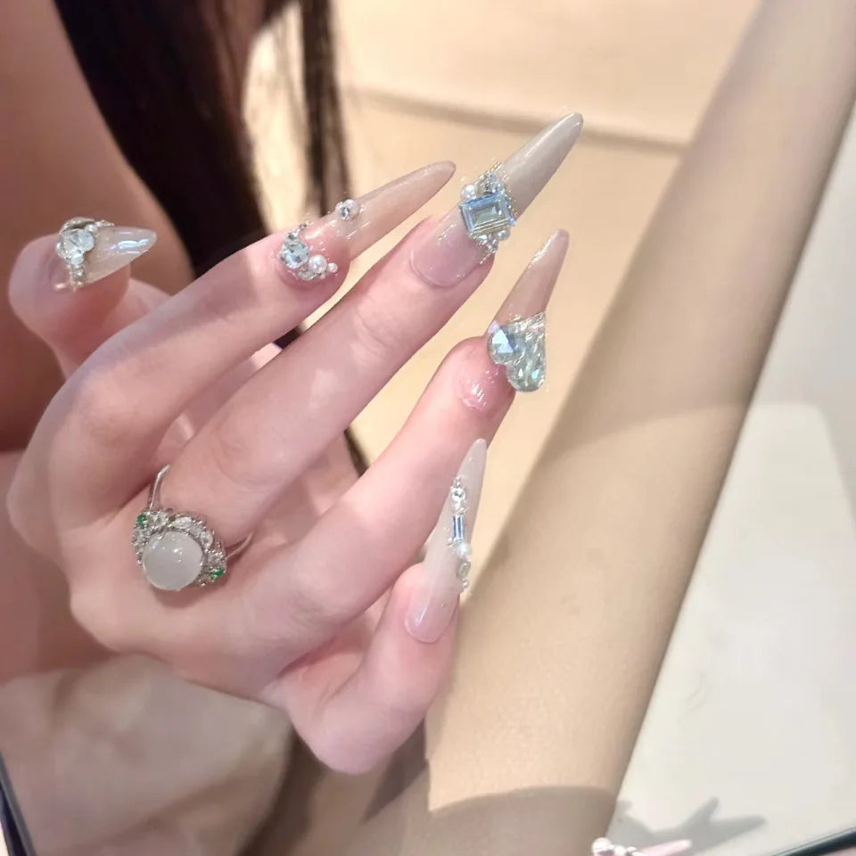 Icy Blue French Tip Press On Nails with Rhinestones and Pearls