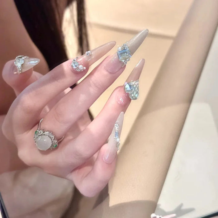 Icy Blue French Tip Press On Nails with Rhinestones and Pearls