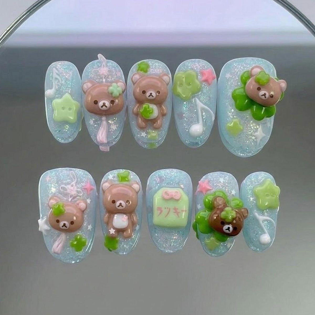 Icy Blue Glitter Bear Nails with 3D Clover, Star & Music Note Details