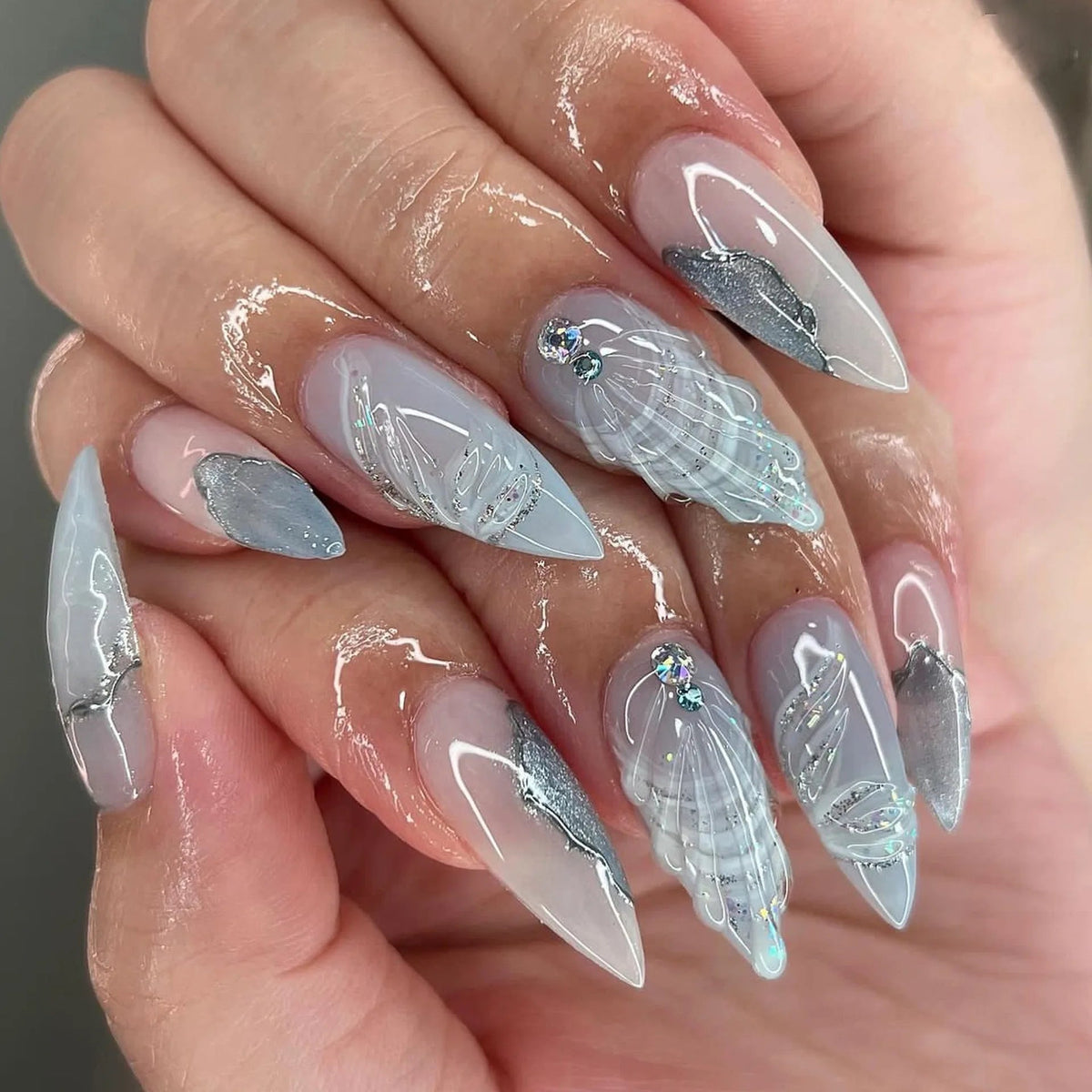 Icy Blue-Gray Shell Press-On Nails with Silver Glitter and Iridescent Rhinestones