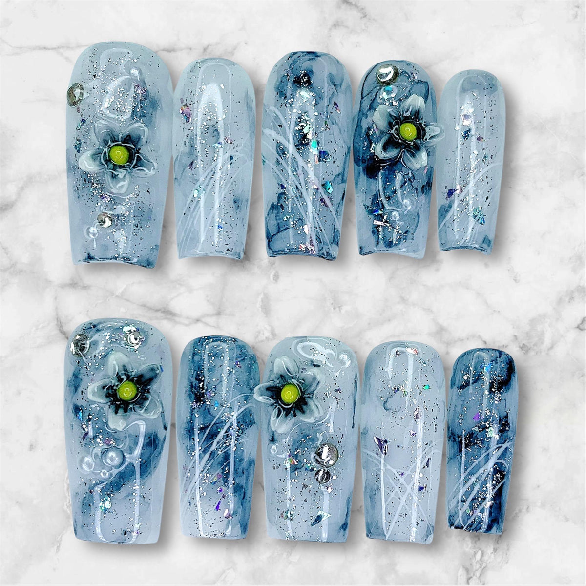 Icy Blue Marble Flower Nails With 3D Blooms, Glitter and Rhinestones