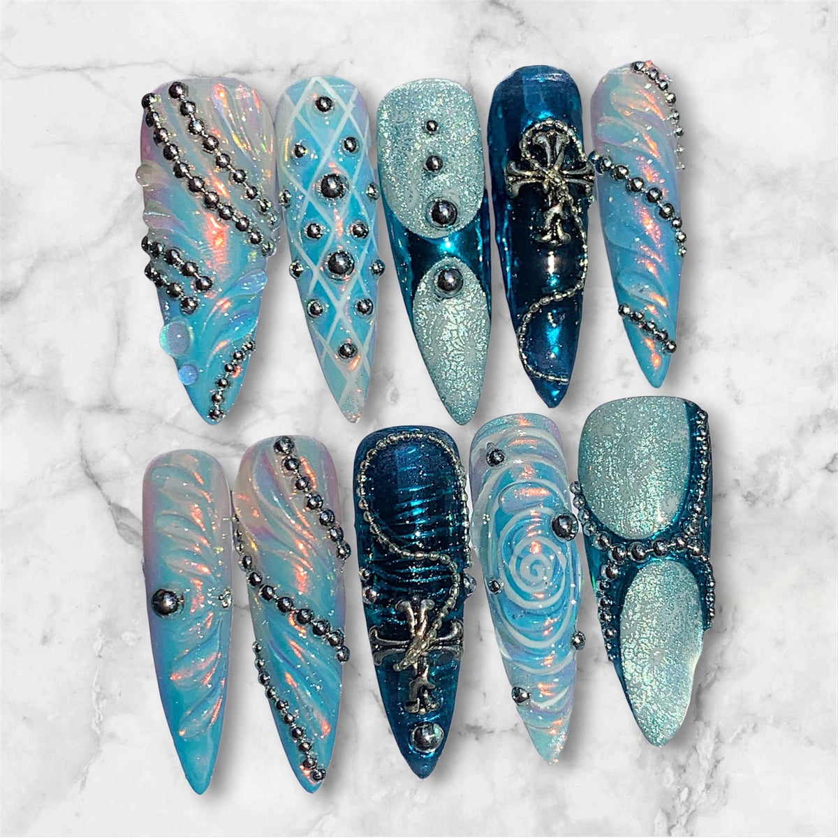 Icy Blue Mermaid Y2K Gothic Press On Nails With Iridescent Waves and Cross Charms