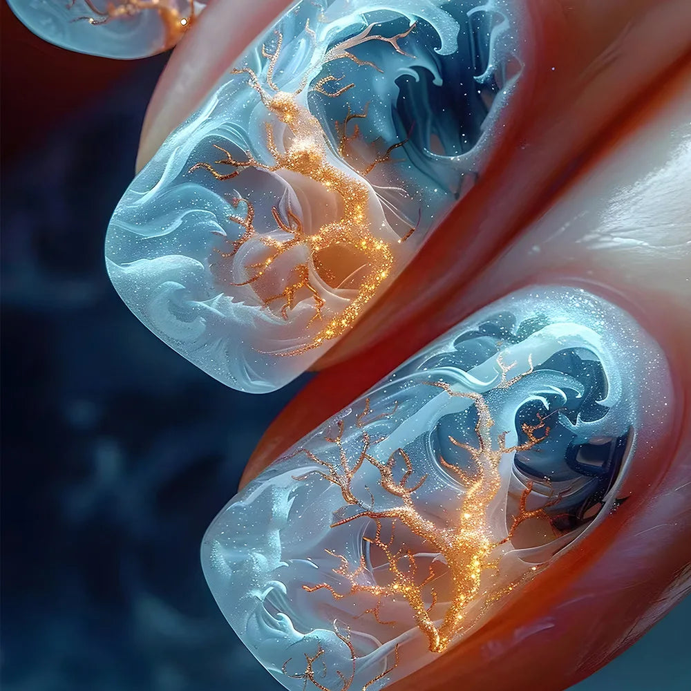 Icy Blue Ocean Marble Press-On Nails with Gold Branching Details
