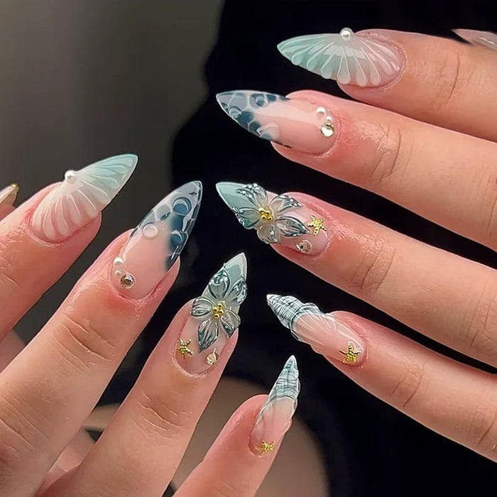 Icy Blue Shell French Tip Press On Nails With 3D Butterflies And Flowers