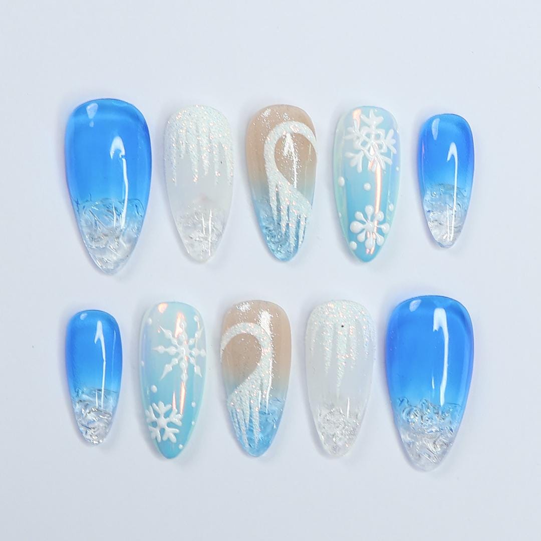 Icy Blue Snowflake Christmas Press-On Nails With Silver Glitter