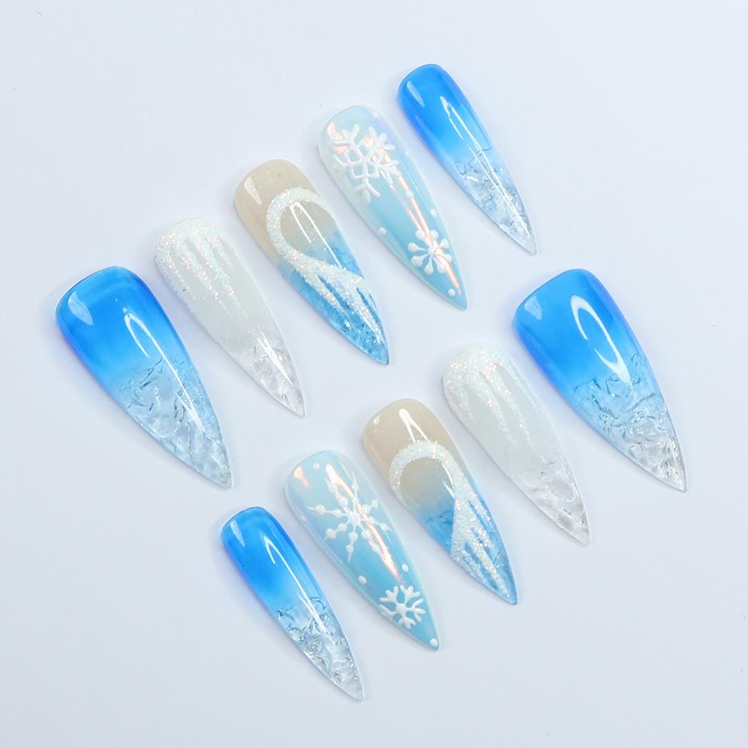 Icy Blue Snowflake Christmas Press-On Nails With Silver Glitter
