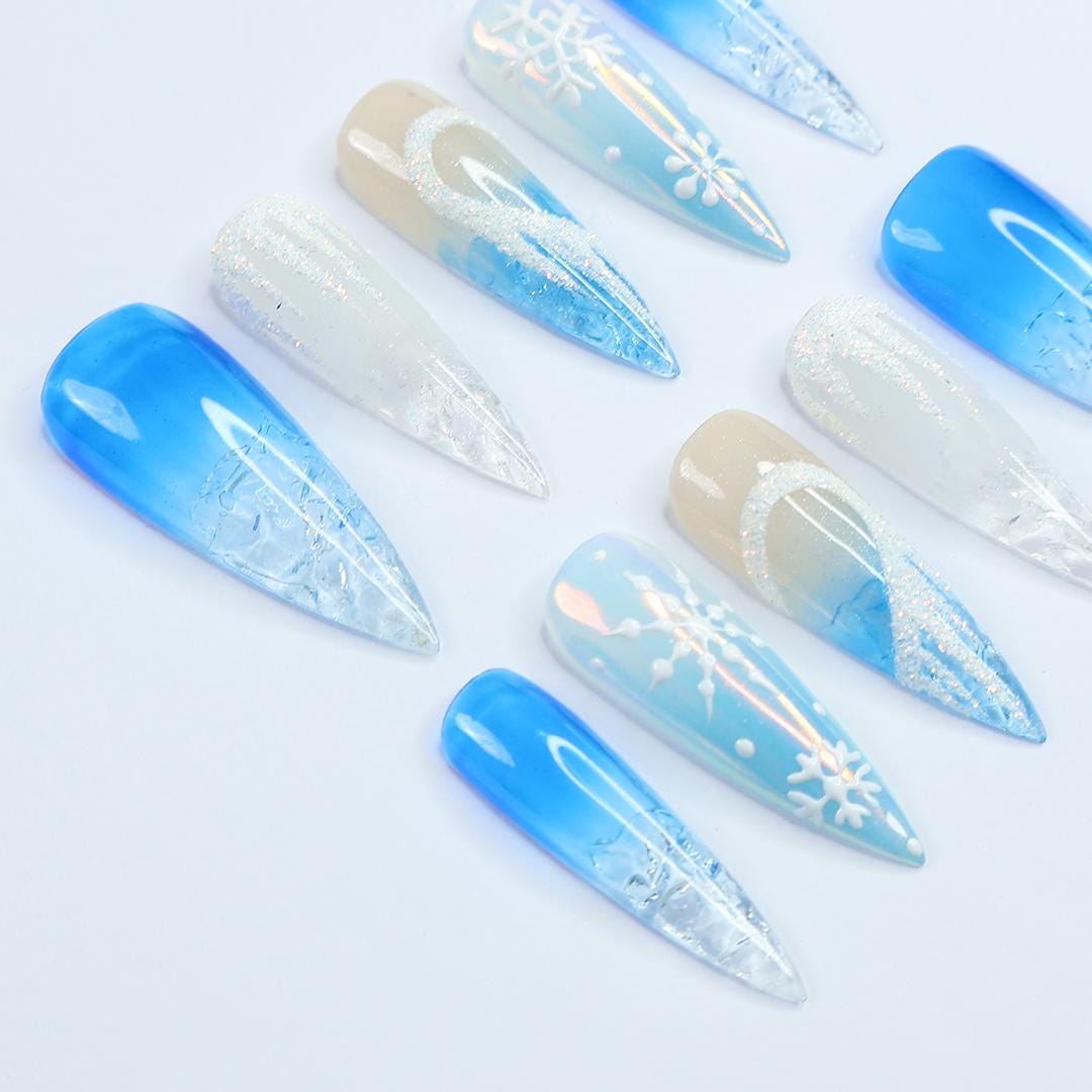 Icy Blue Snowflake Christmas Press-On Nails With Silver Glitter