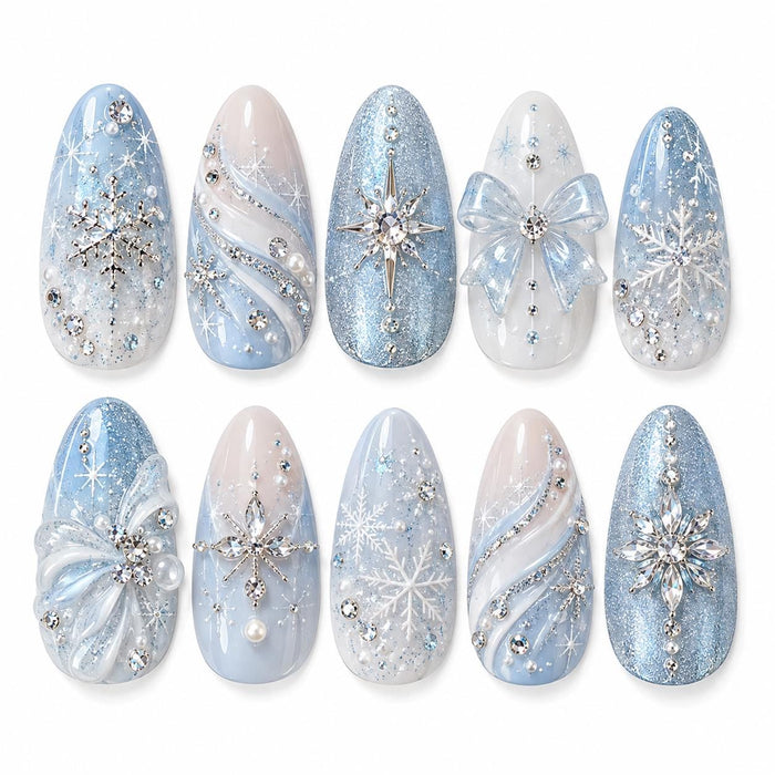 Icy Blue Snowflake Press On Nails with 3D Bows, Silver Accents and Rhinestones