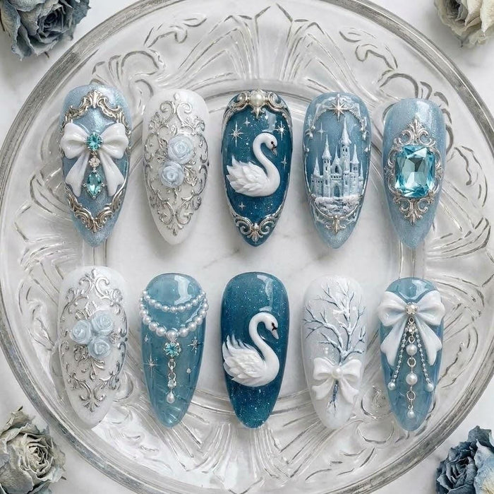 Icy Blue Swan and Castle Winter Fairytale Press-On Nail Set