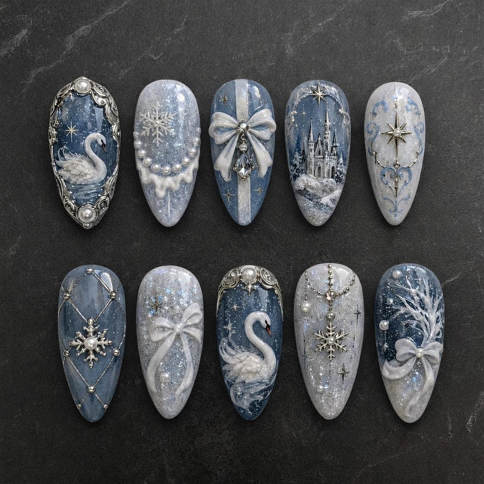 Icy Blue Swan and Snowflake Fairytale Press On Nail Set with Pearls and 3D Bows