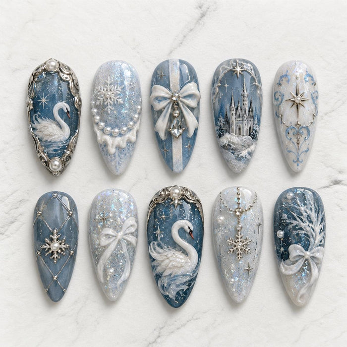 Icy Blue Swan and Winter Castle Christmas Press On Nail Set With Snowflakes, Pearl Bows, and Silver Details