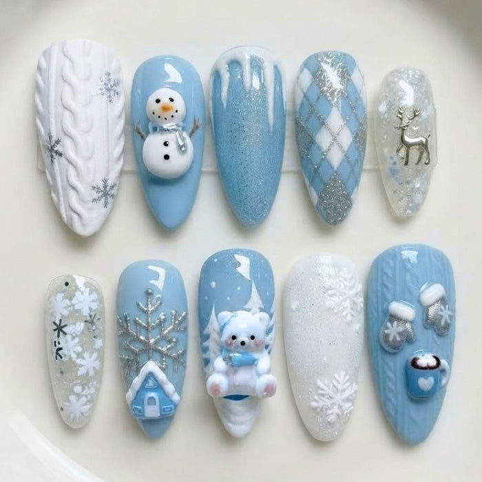 Icy Blue Winter Bear Press On Nail Set With Snowflakes, Argyle, and 3D Details