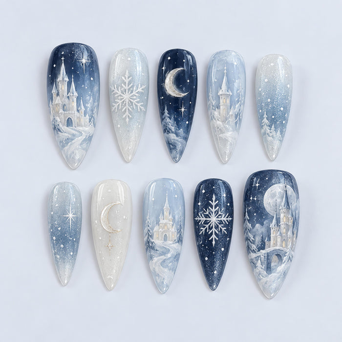 Icy Blue Winter Castle Press On Nails With Moons, Snowflakes, and Stars