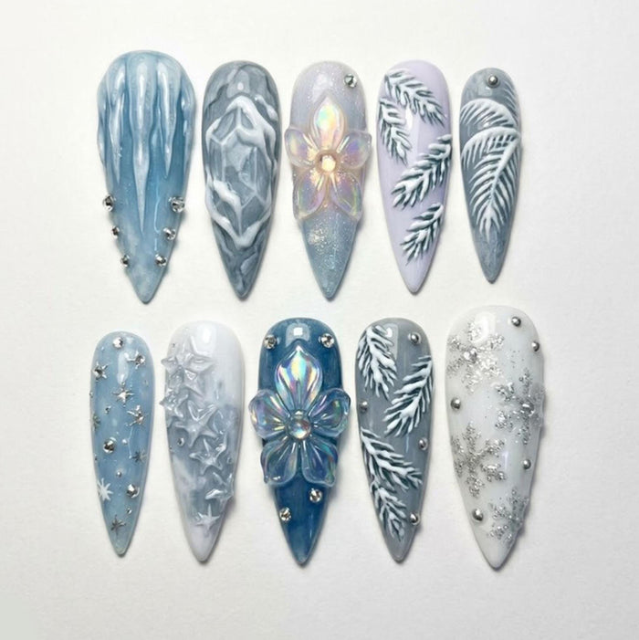 Icy Blue Winter Press On Nail Set With Holographic Flowers and Snowflakes