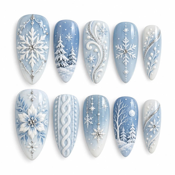 Icy Blue Winter Wonderland Press On Nails With Snowflakes, Evergreen Trees and 3D Details